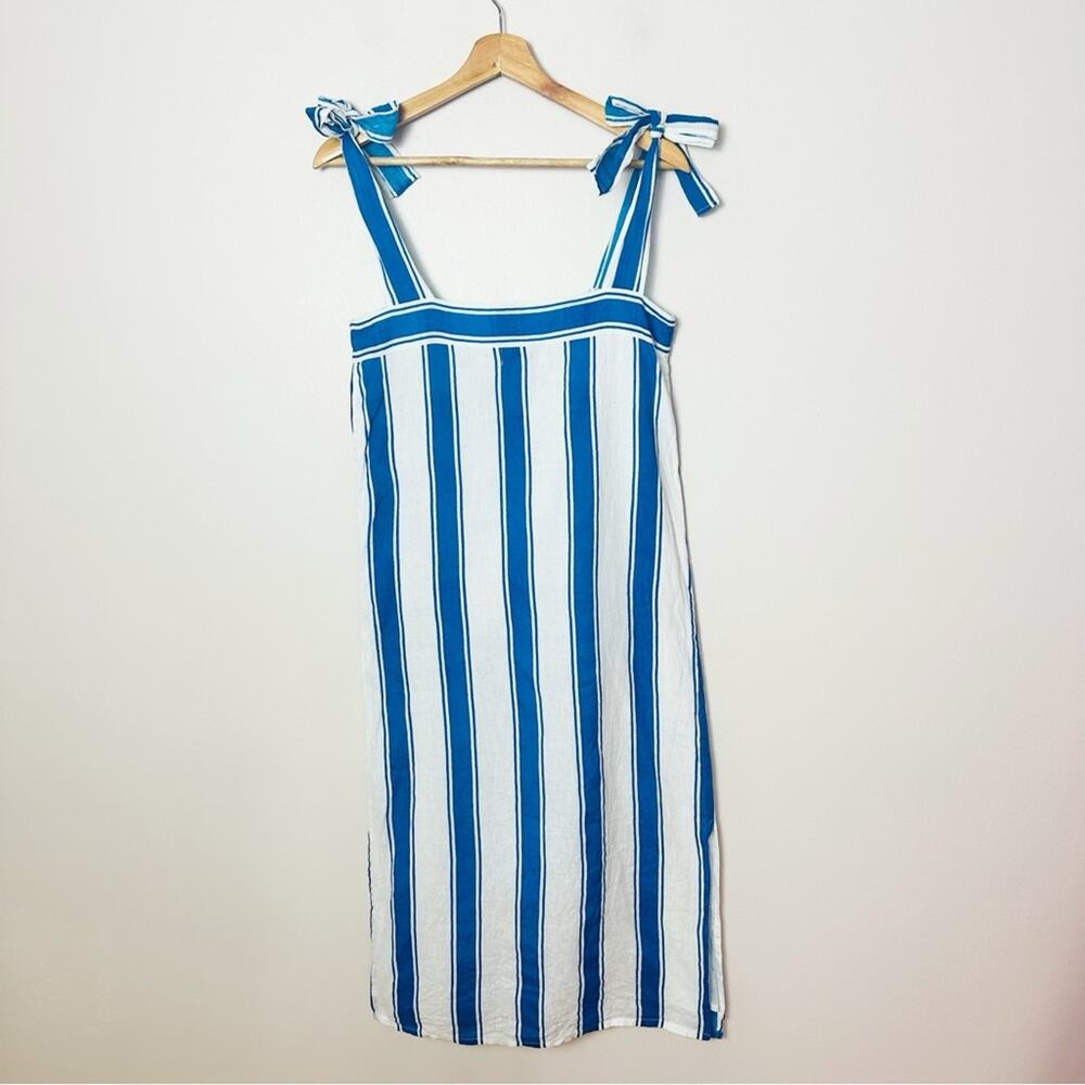 Olivia James The Label Striped Linen Dress Tie Shoulder Size XS Blue White - Picture 5 of 10